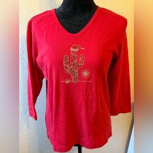 Christmas Red Cactus Embellished Women's V-Neck Top 3/4 sleeves